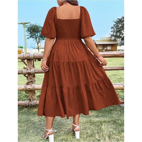 Plus Size Women's Dress Ruffle Tie Front Square Neck A Line Casual Summer - Picture 2 of 5